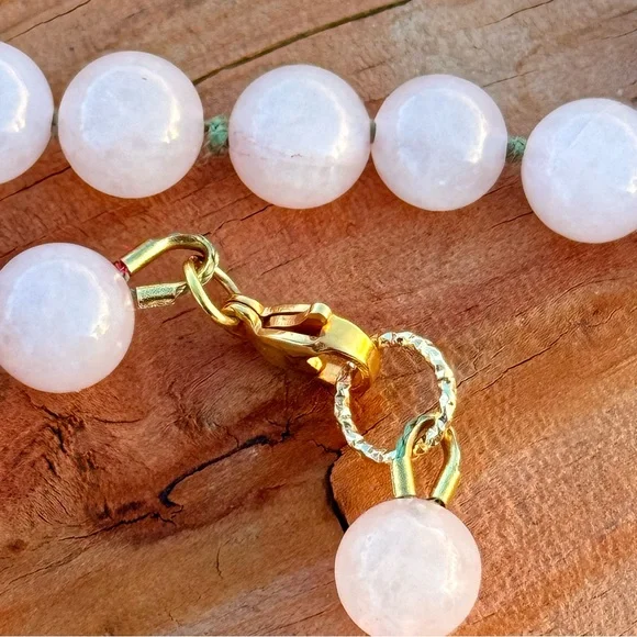 NWT Rose Quartz Choker, Translucent Pink Gem Beads on Green Silk, Hand Knotted - Picture 4 of 10